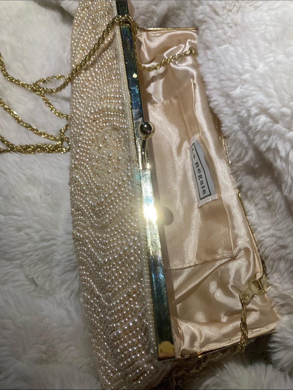 La Regale Pearl Beaded Clutch in Champagne